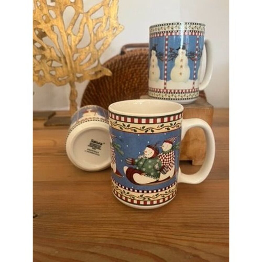 Sakura Snowman Holiday GRAND Mugs (3) Debbie Mumm Vintage Christmas 15 0z Cocoa